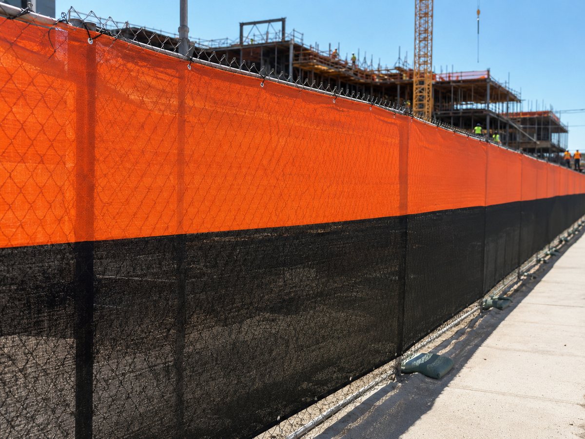 Hi-vis orange construction site windscreen mesh on perimeter fencing