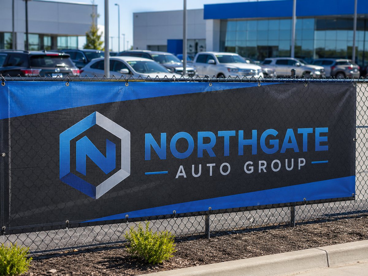 Full-color printed mesh banner with sponsor logo on stadium fence