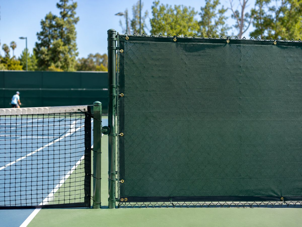 Dark green privacy mesh screen enclosing a tennis court fence