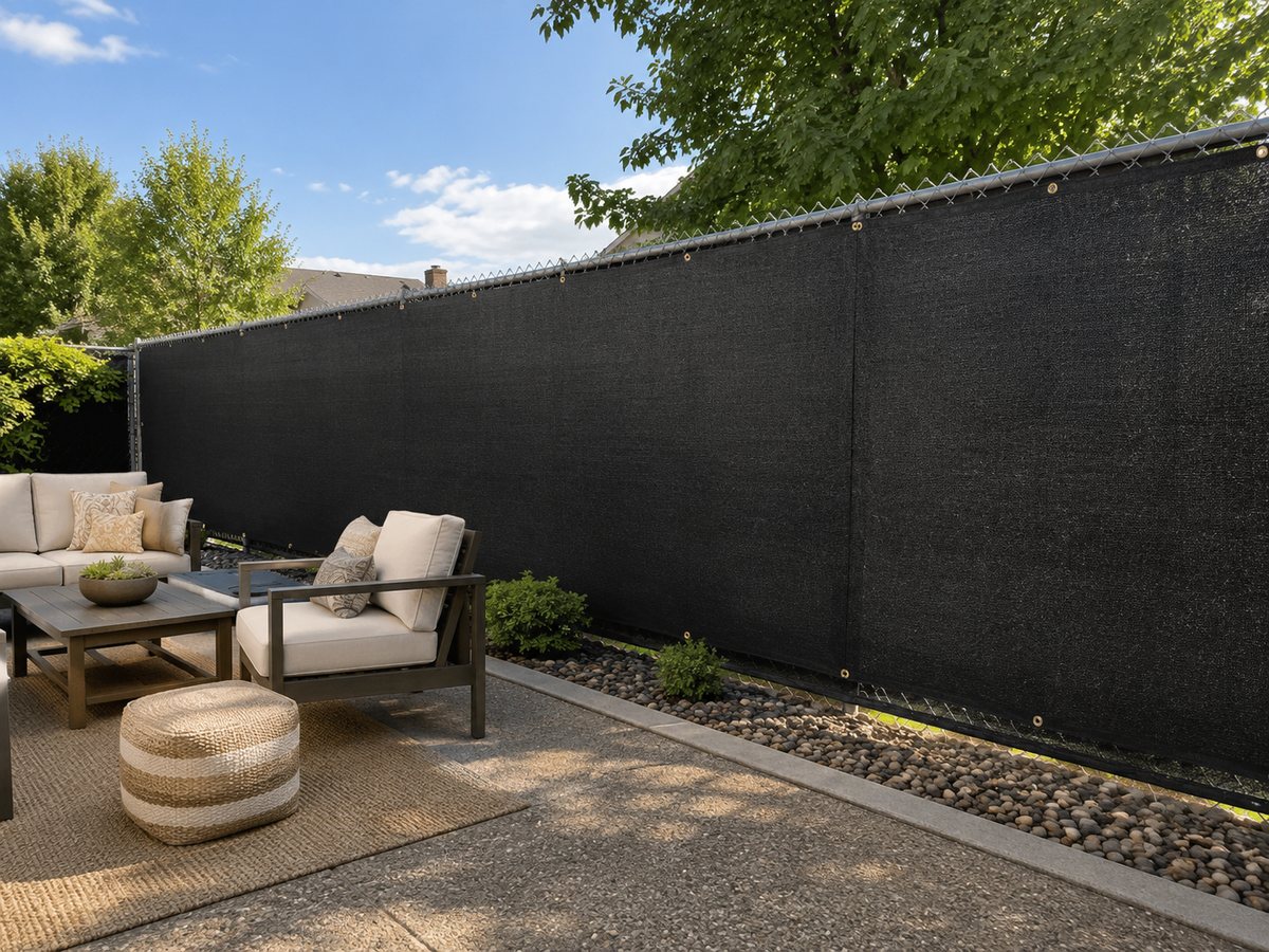 Solid black privacy mesh screen on a backyard HOA fence