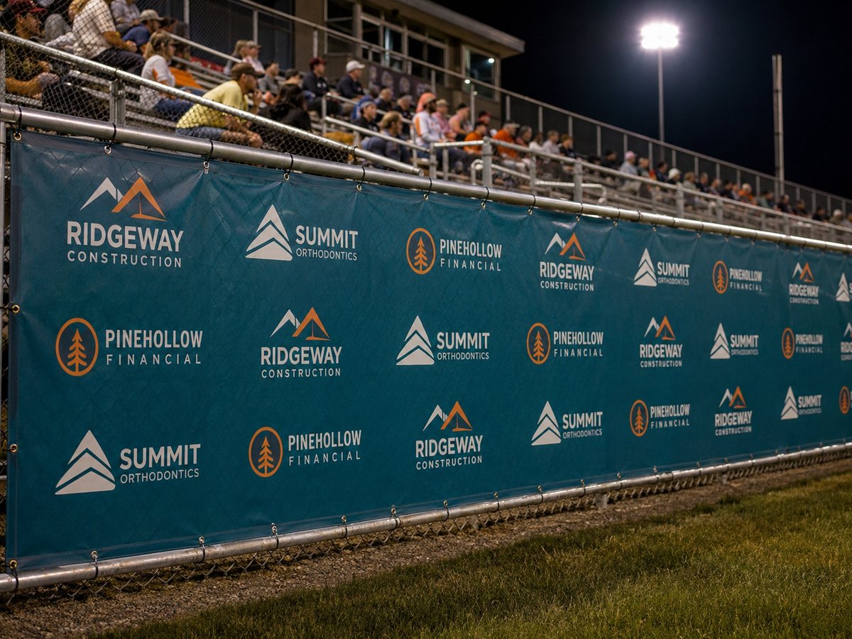 Custom printed fence wrap on a stadium dugout and bleacher fence