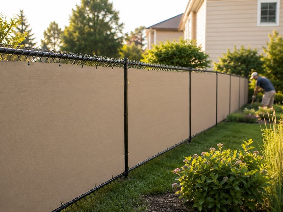 Backyard chain-link fence with solid privacy mesh screen for an HOA home