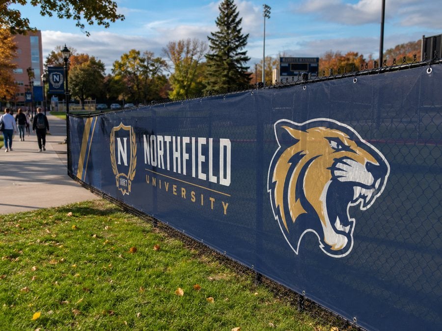 School athletic field fence with custom printed mascot mesh screen