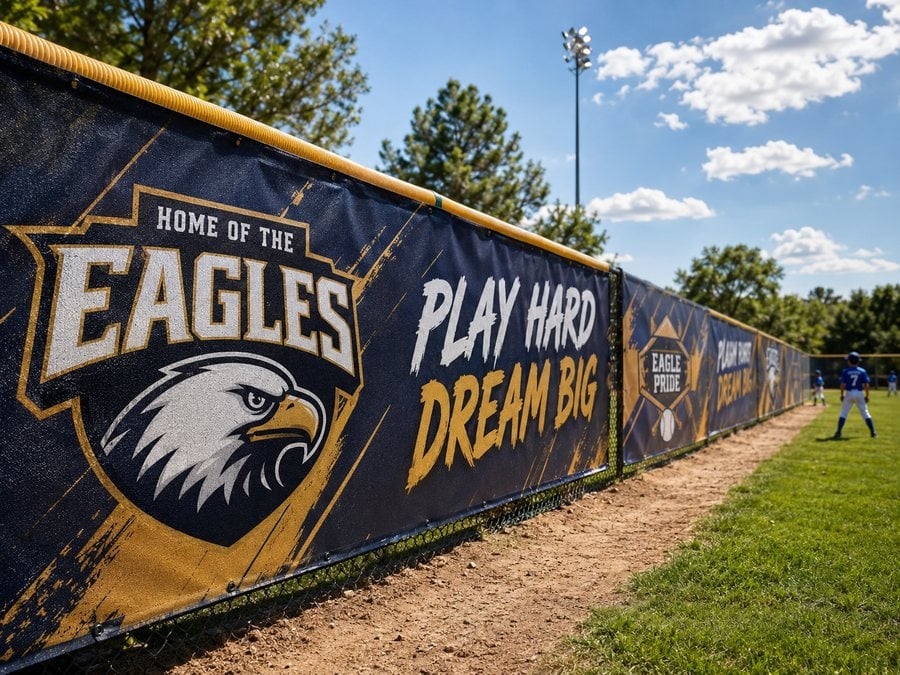 Custom fence screen wrap along a stadium sports field fence